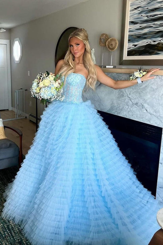 Strapless Light Blue Ruffle Tiered Tulle Prom Dress with Appliques, PD25135