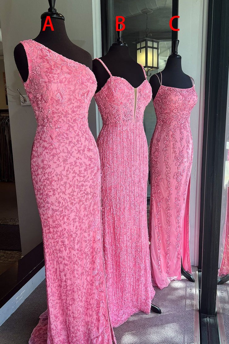 One Shoulder Mermaid Sequins Long Prom Dress with Slit, PD25086