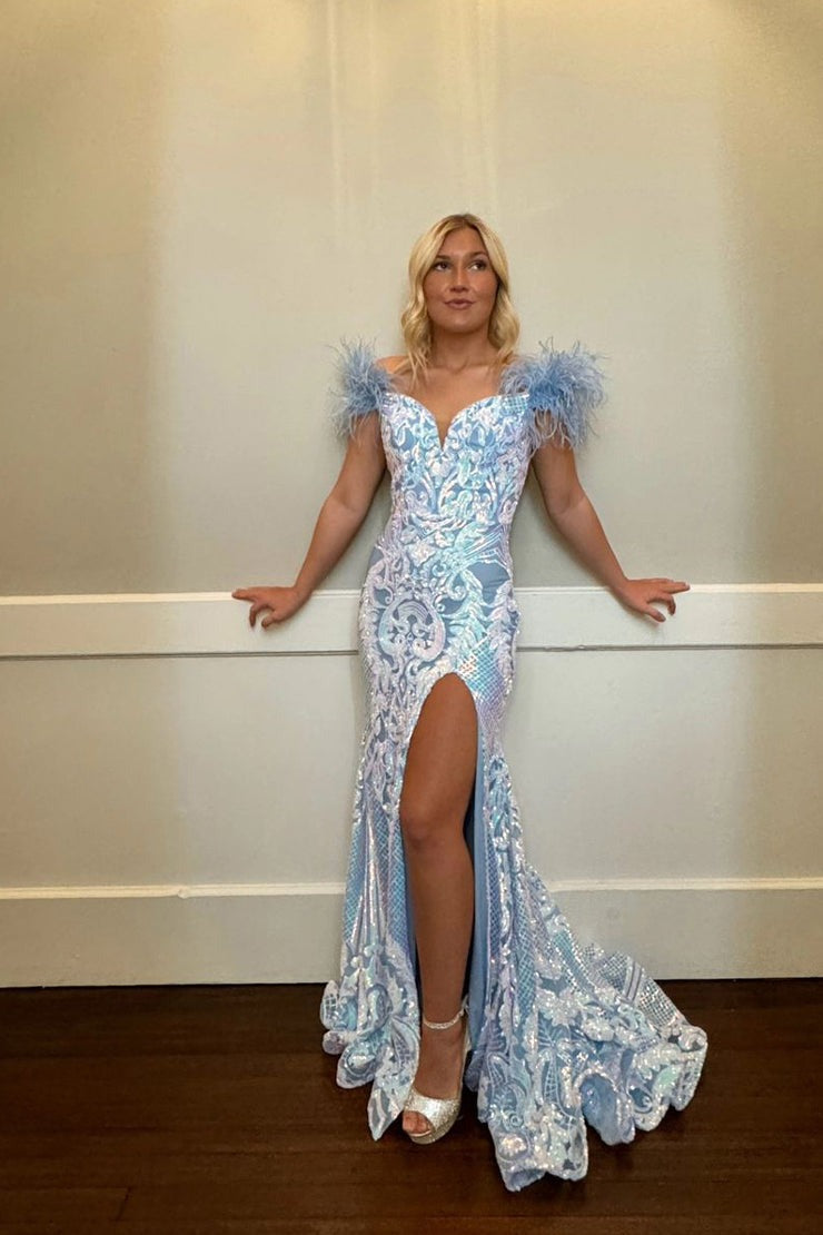 Light Blue Sequins Lace Mermaid Off the Shoulder Long Prom Dress with Slit, PD25330