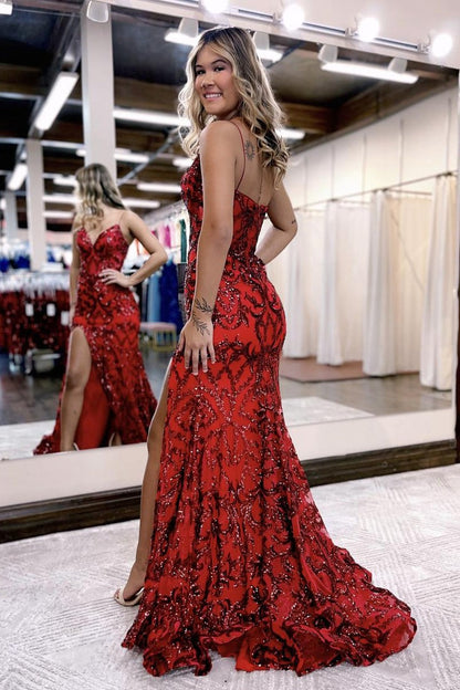 Navy Blue Sequins Lace Mermaid V Neck Long Prom Dress, PD25309