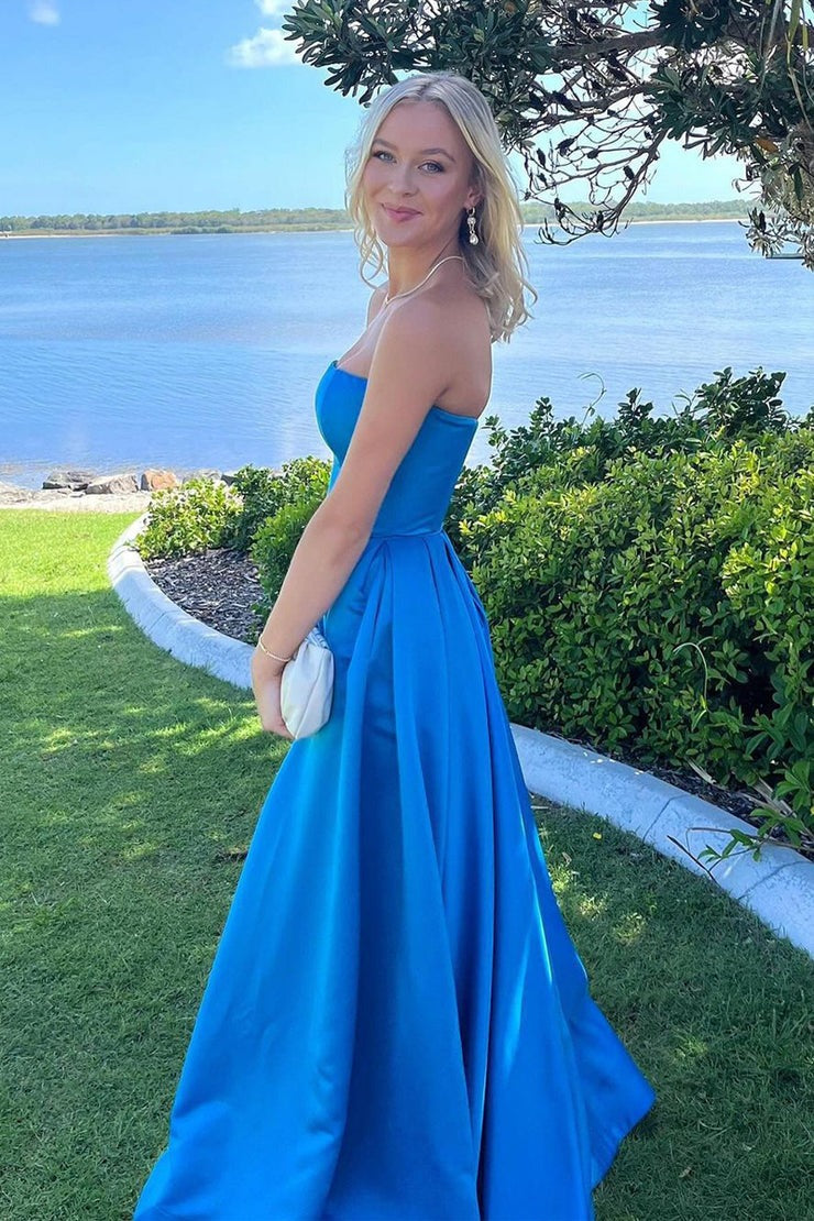Strapless Blue Satin Long Prom Dress, PD25161