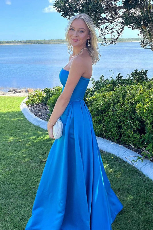 Strapless Blue Satin Long Prom Dress, PD25161