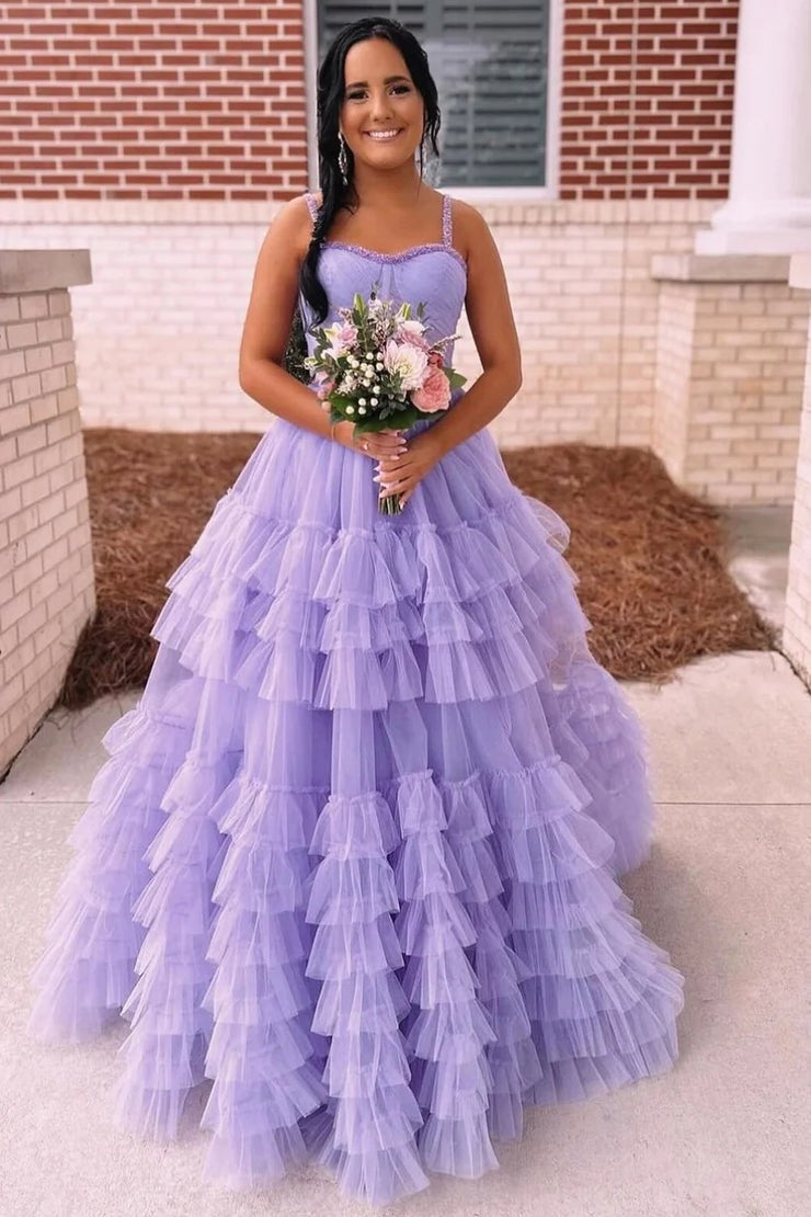 Sweetheart Tiered Ruffle Beaded Long Prom Dress, PD25190