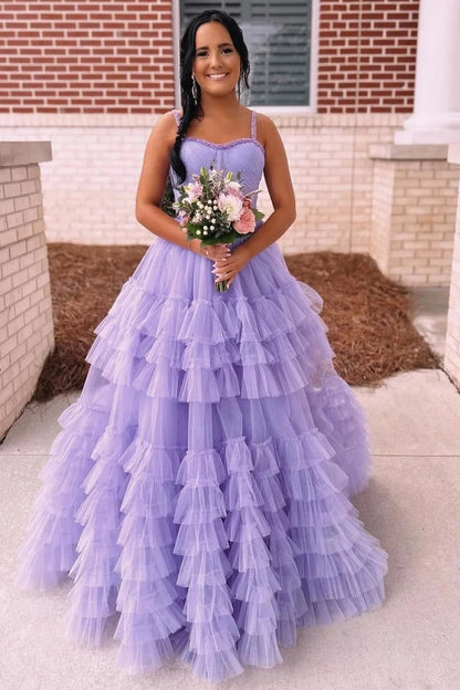 Sweetheart Tiered Ruffle Beaded Long Prom Dress, PD25190
