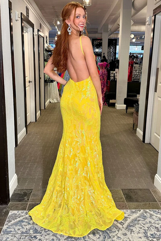 Yellow Sequin Lace Mermaid V-Neck Backless Long Prom Dress, PD2404185
