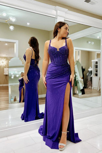 Purple Mermaid Satin Long Prom Dresses with Beads, PD25602