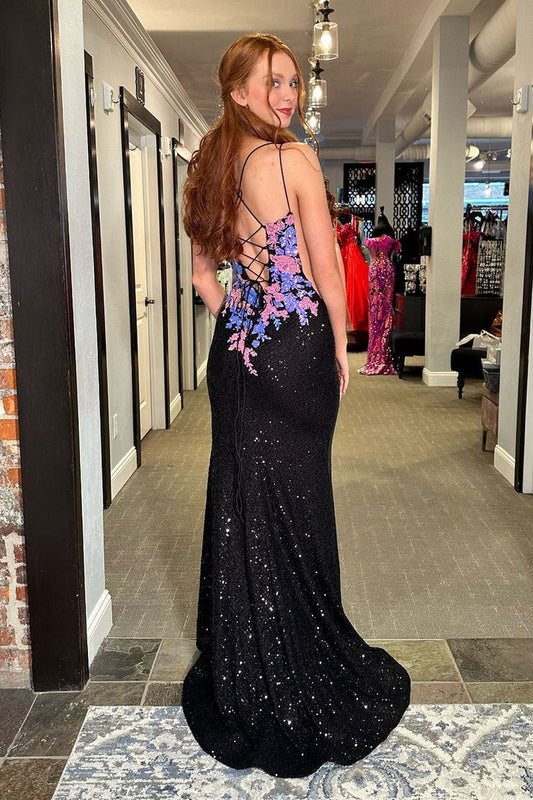Black Sequin Mermaid V Neck Long Prom Dress with Appliques, PD25483
