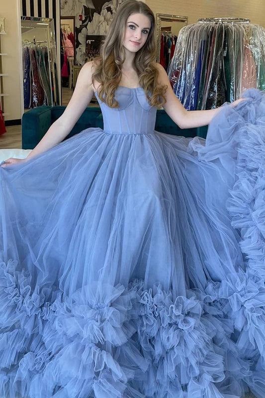 Periwinkle Tulle Strapless Tiered A - Line Long Prom Dresses, PD25503