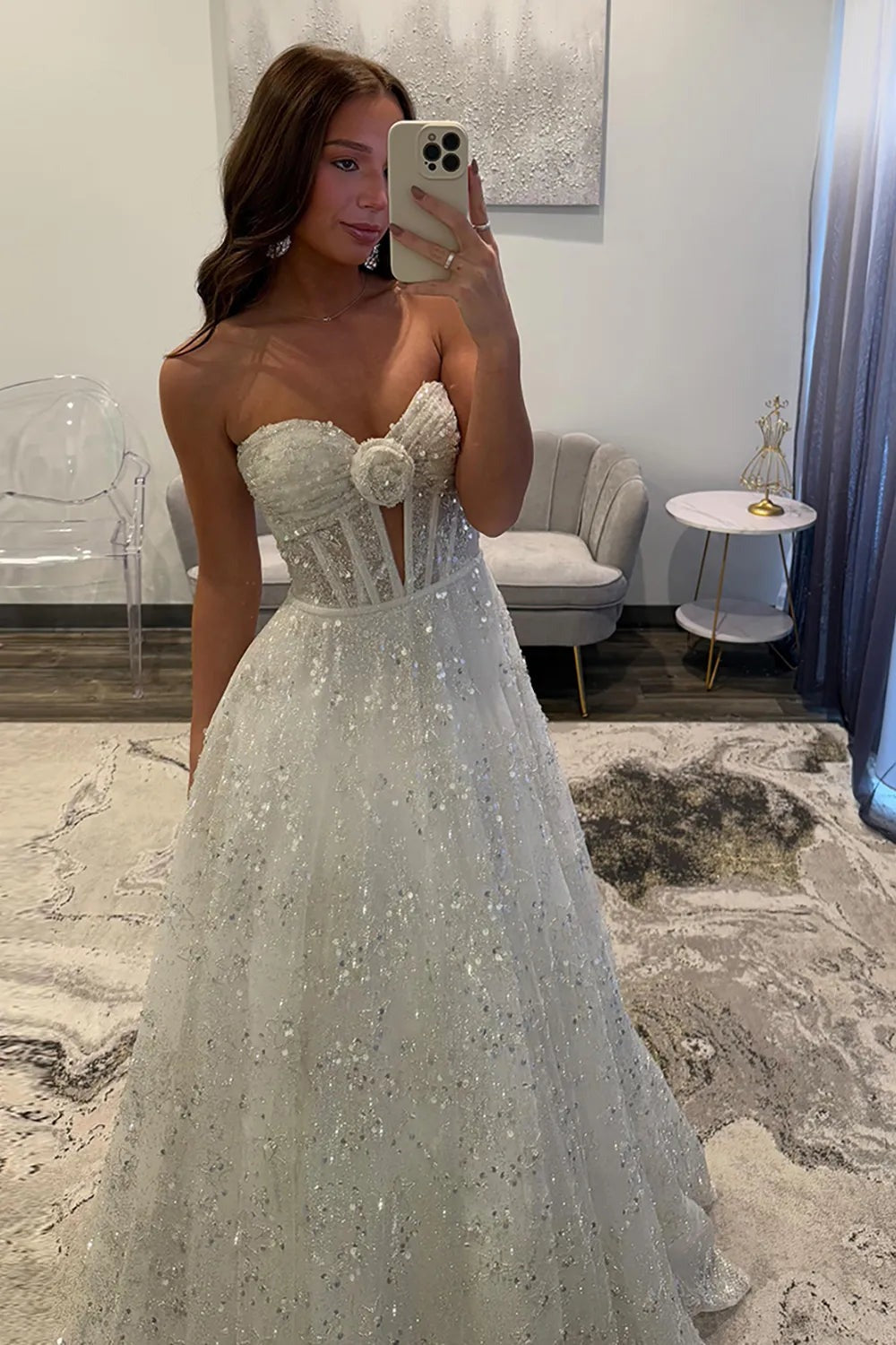 White Sequins Long A Line Sweetheart Prom Dress, PD25803