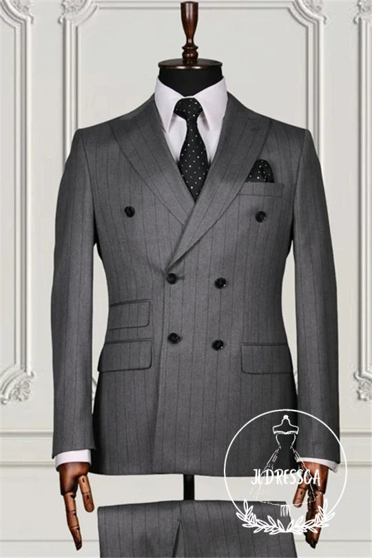 Gray Double Breasted Striped Men Suits, SU25147