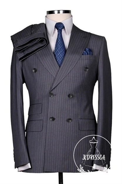 Gray Double Breasted Striped Slim Fit Men Suits, SU25197