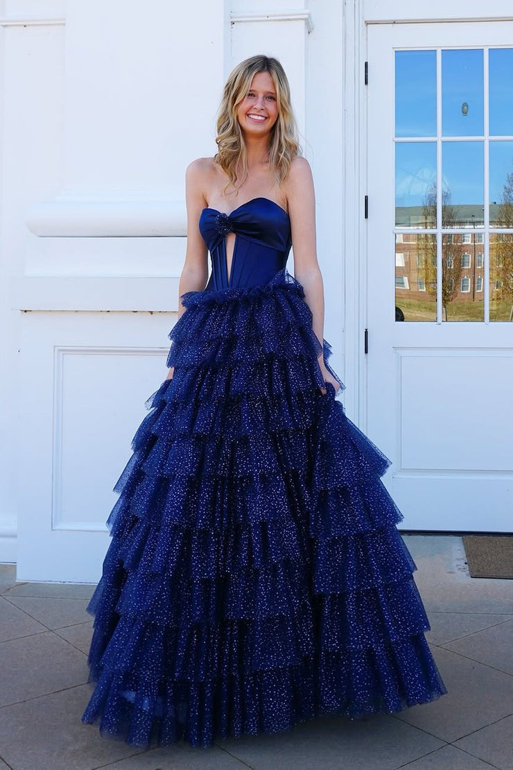 Navy Tulle Tiered Cute Ball Gown Sweetheart Keyhole Prom Dresses, PD25382