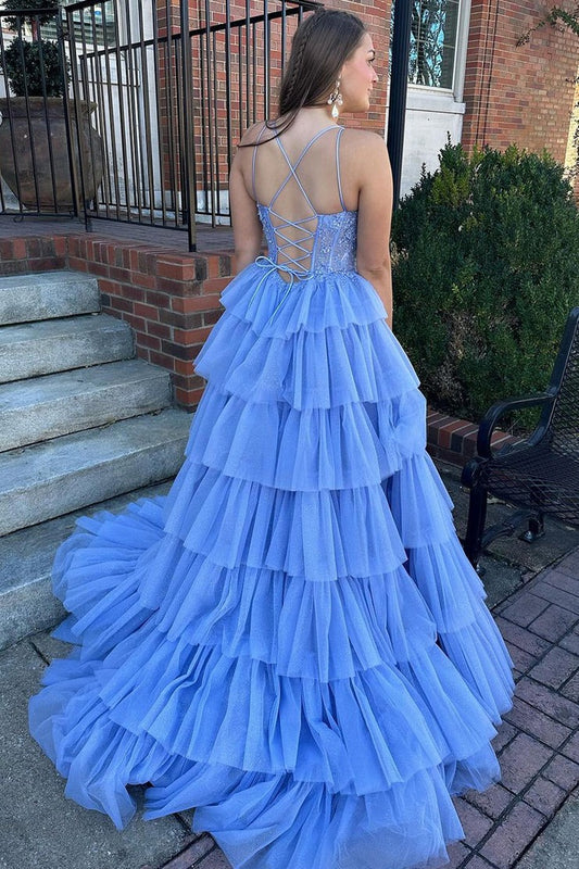 Blue Sweetheart Long Tiered Tulle Prom Dress with Appliques, PD25733
