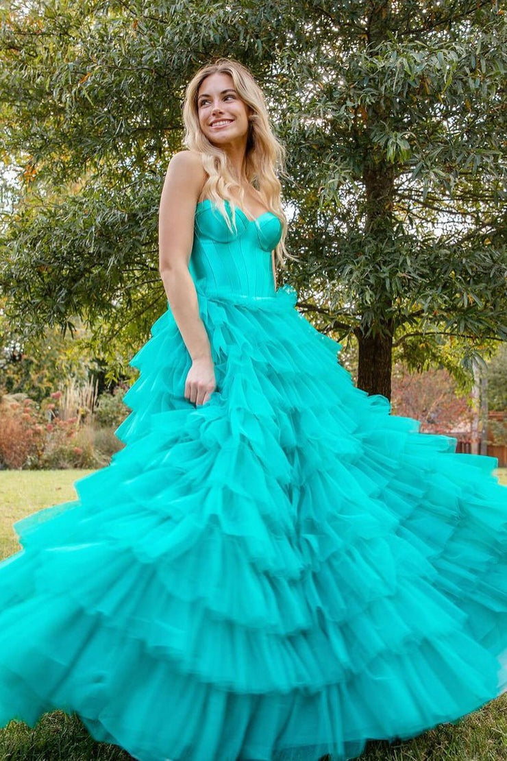 Turquoise Tulle A-Line Strapless Long Prom Dresses, PD25473