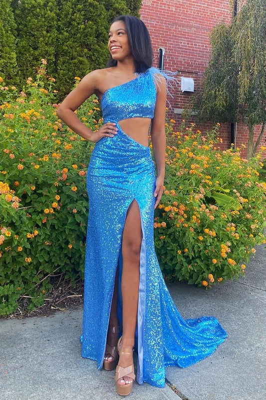 Sparkly Mermaid One Shoulder Blue Sequins Long Prom Dress with Feather, PD25543