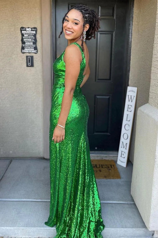 Green Square Neck Sequin Mermaid Long Prom Dress with Slit, PD25702