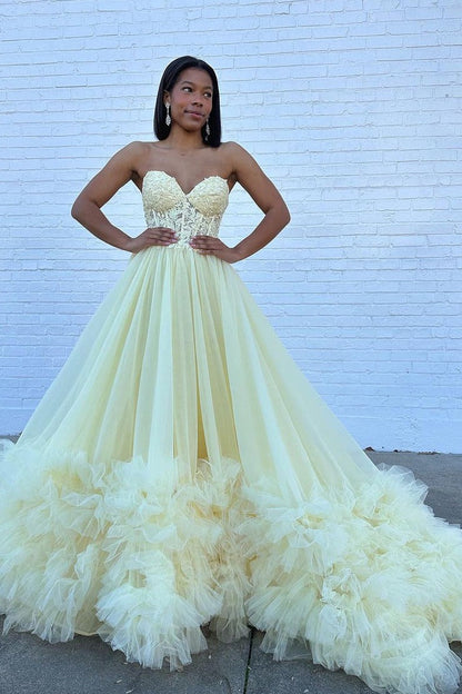 Yellow A - Line Sweetheart Ruffle Tulle Long Prom Dresses, PD25532