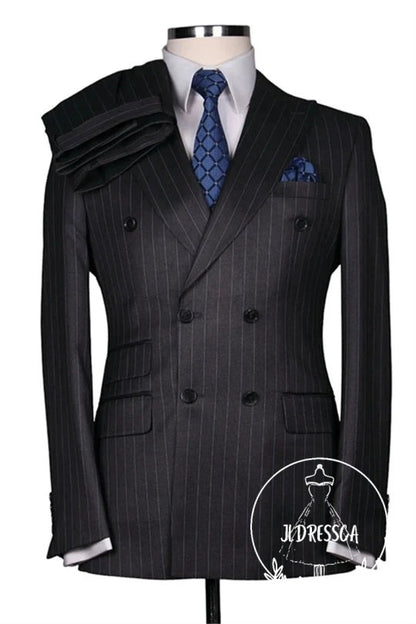 Gray Newest Striped Peaked Lapel Men Suits, SU25187