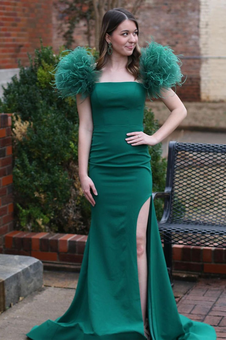 Dark Green Satin Mermaid Long Prom Dress with Feathered Shoulders and Slit, PD25722