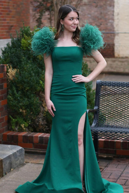 Dark Green Satin Mermaid Long Prom Dress with Feathered Shoulders and Slit, PD25722