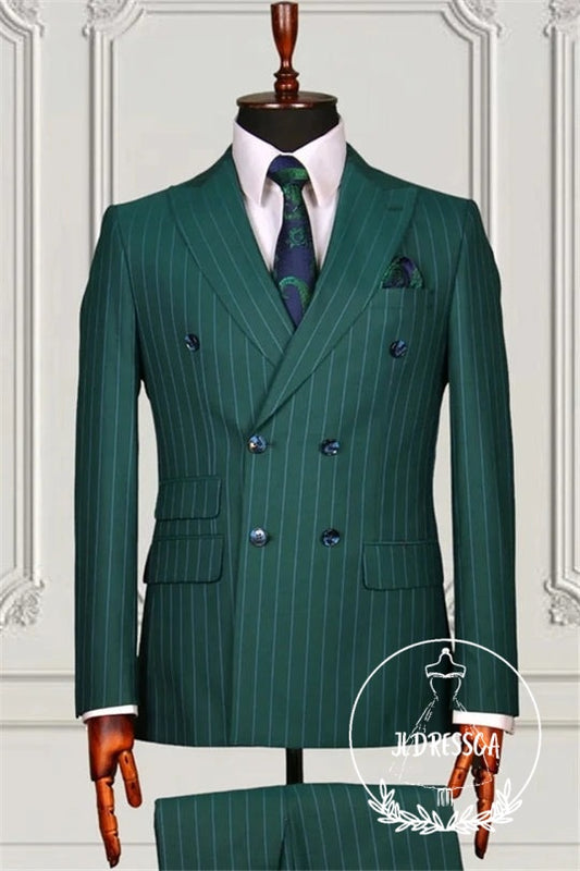 Green Striped Double Breasted Bespoke Men Suits, SU25127