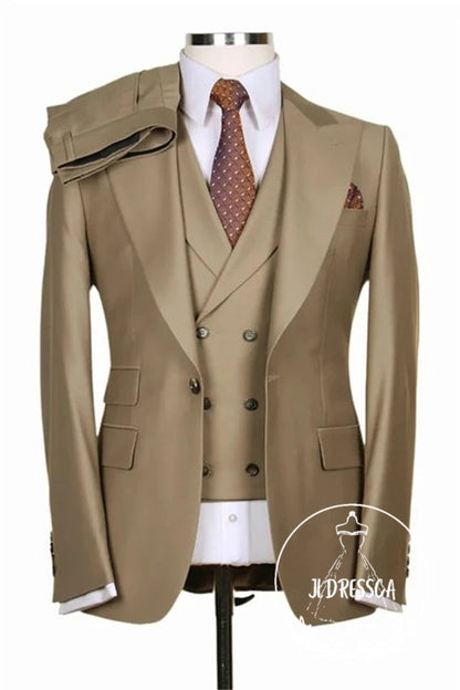 Camel Three Pieces Peaked Lapel Bespoke Men Suits, SU25177
