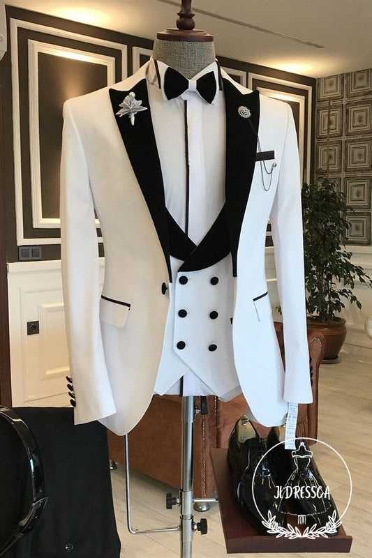 White Mixed Black Peaked Lapel One Button Slim Fit Prom Men Suit, SU25035