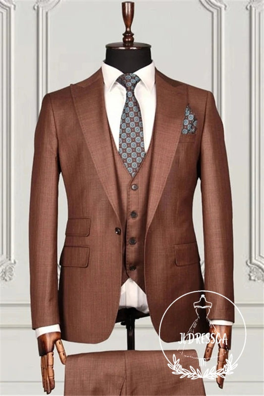 Brown Close Fitting Peaked Lapel Business Suits, SU25137