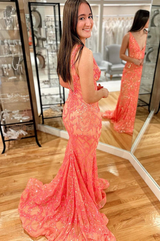 Orange Mermaid Deep V Neck Sequin Lace Long Prom Dress, PD25633