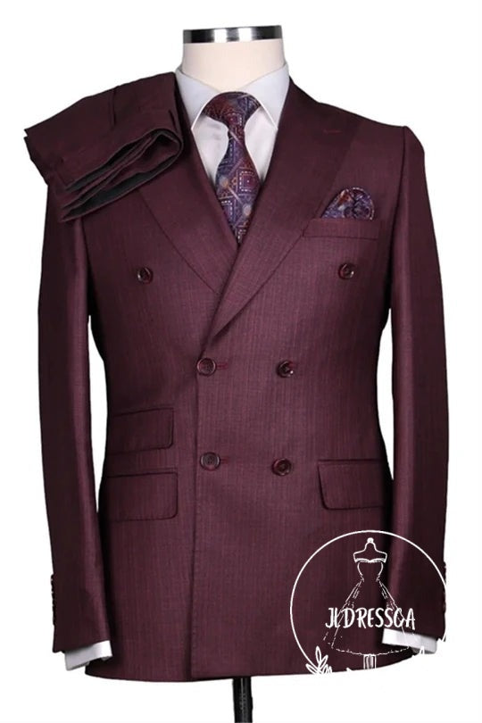 Burgundy Bespoke Double Breasted Close Fitting Formal Men Suits, SU25157