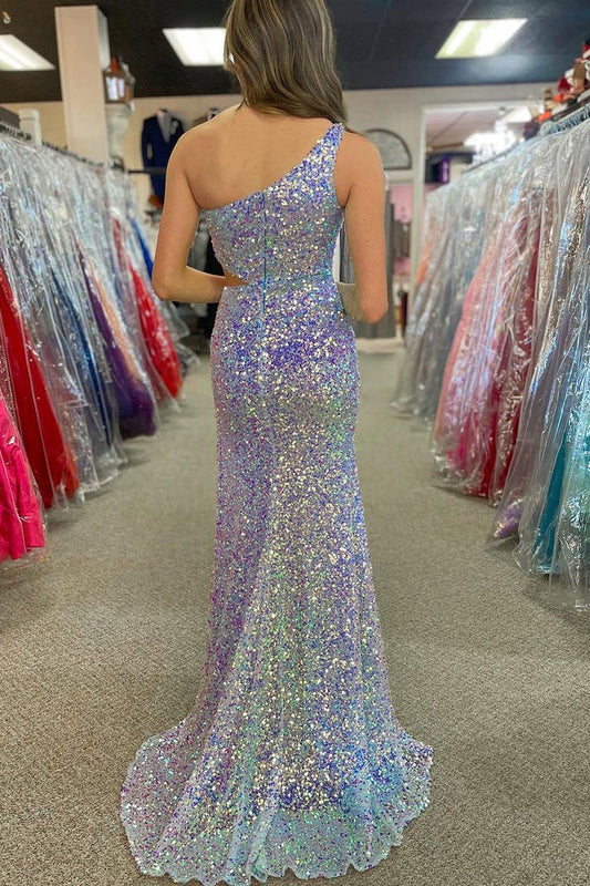 Sparkly Sequins Mermaid One Shoulder Cutout Long Prom Dress, PD25493
