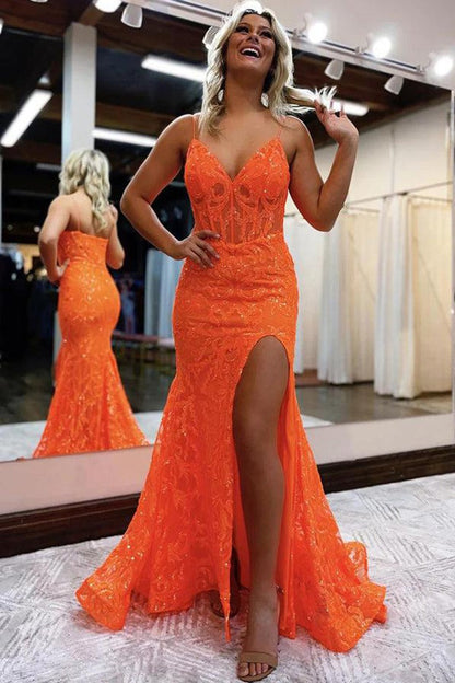 Navy Blue Sequins Lace Mermaid V Neck Long Prom Dress, PD25309