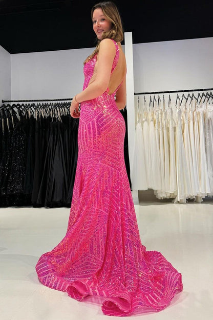 Pink Sequins Mermaid V Neck Long Prom Dress, PD25319