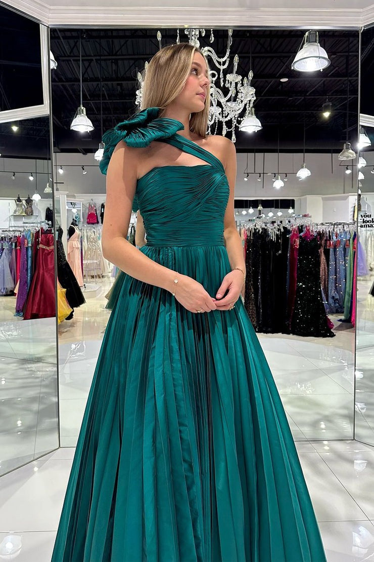 One Shoulder A Line Green Pleated Long Prom Dress with Bow, PD25103