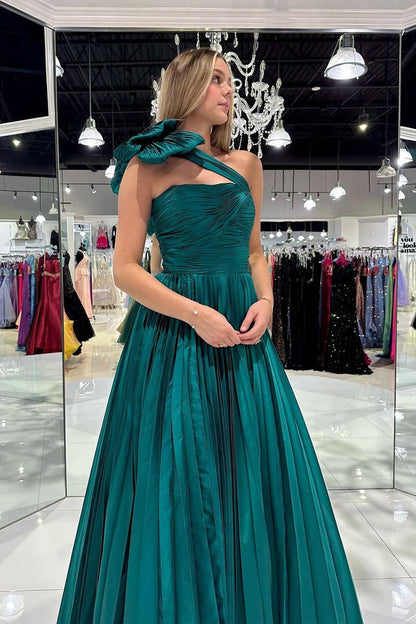 One Shoulder A Line Green Pleated Long Prom Dress with Bow, PD25103