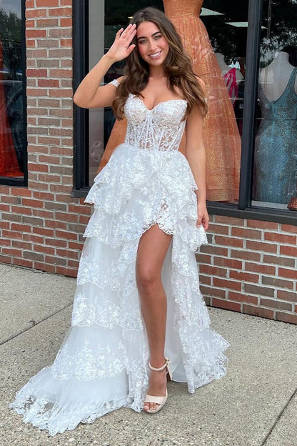 White Sequins Lace Off the Shoulder Ruffle Tiered Long Prom Dress with Slit, PD25223
