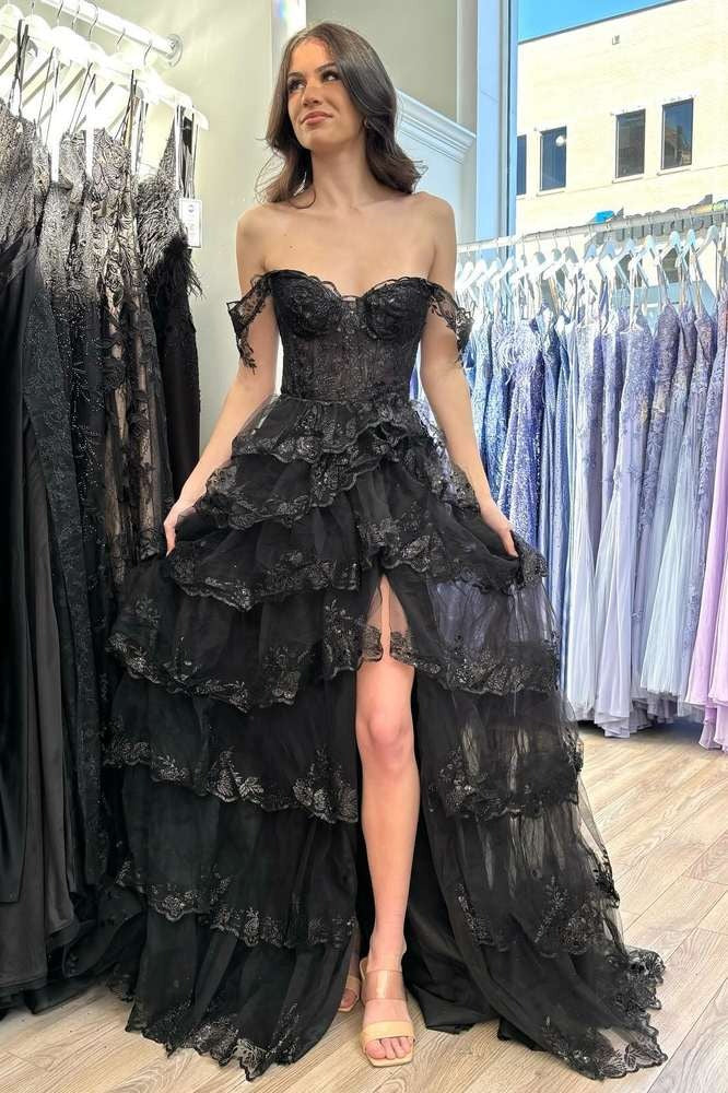Off the Shoulder Black Lace Applique Tiered Prom Dress with High Slit, PD25151