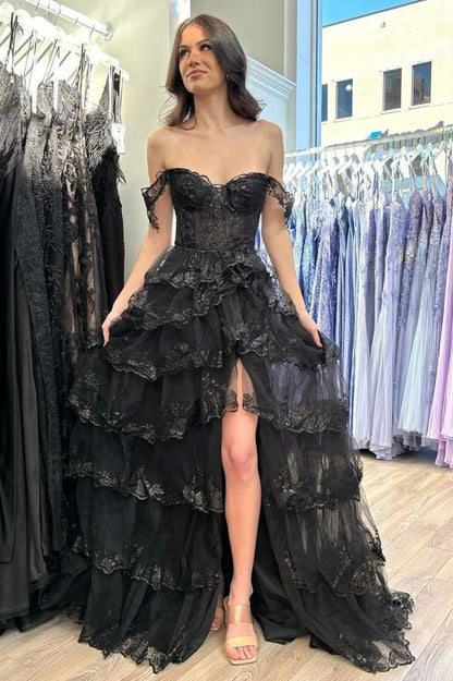 Off the Shoulder Black Lace Applique Tiered Prom Dress with High Slit, PD25151