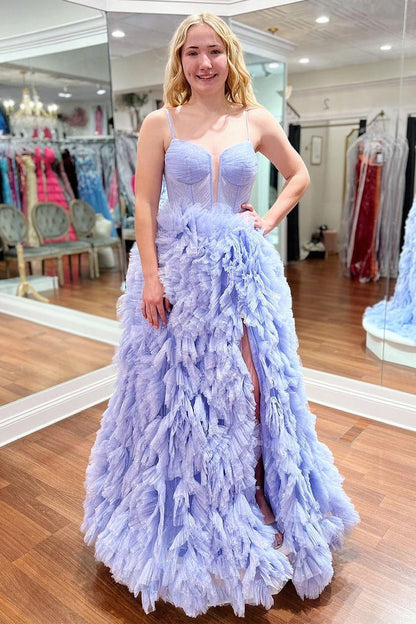 Glitter Lavender Ruffle Tiered Sweetheart Long Prom Dress with Slit, PD25323