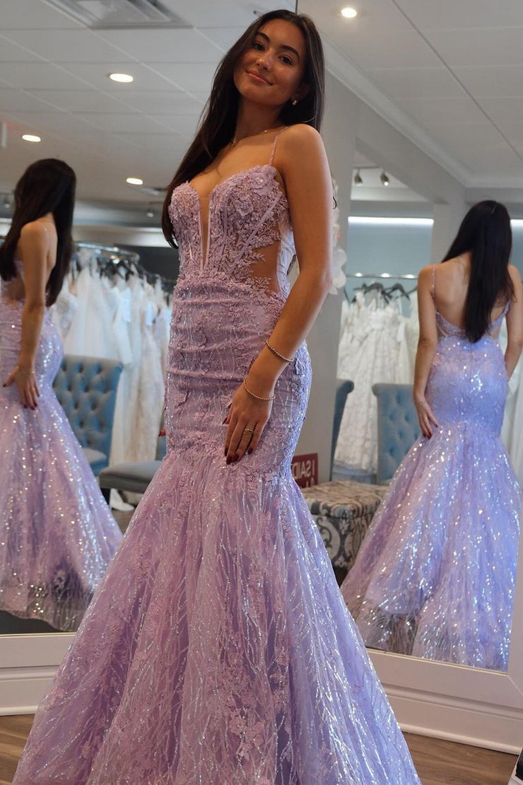 Lilac Lace Sequins Sweetheart Mermaid Long Prom Dresses, PD25354