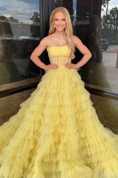 A-Line Yellow Strapless Ruffle Tiered Long Prom Dresses, PD25327