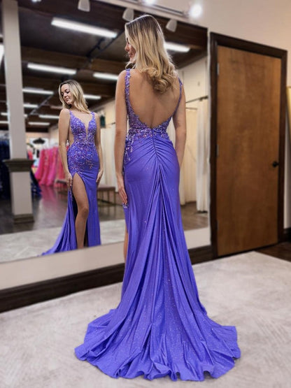 V Neck Mermaid Purple Long Prom Dresses with Beading, PD25014