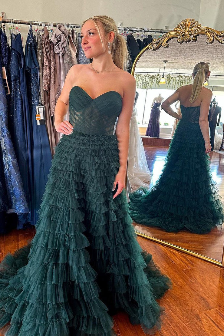 Strapless Dark Green Ruffle Tiered Tulle Prom Dress, PD25136