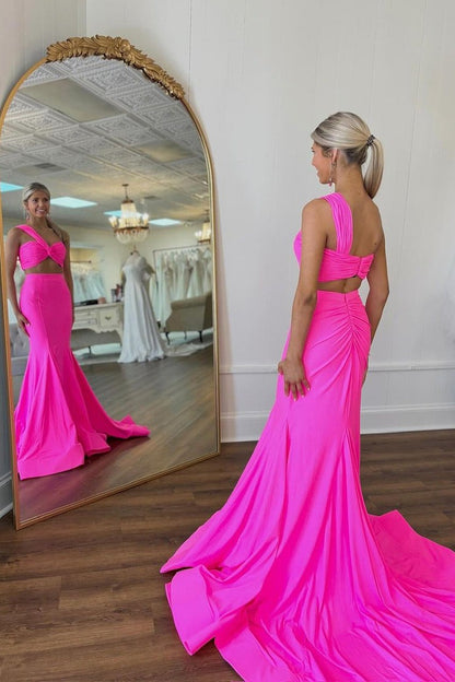 Fuchsia Two Piece One Shoulder Long Prom Dress, PD25326