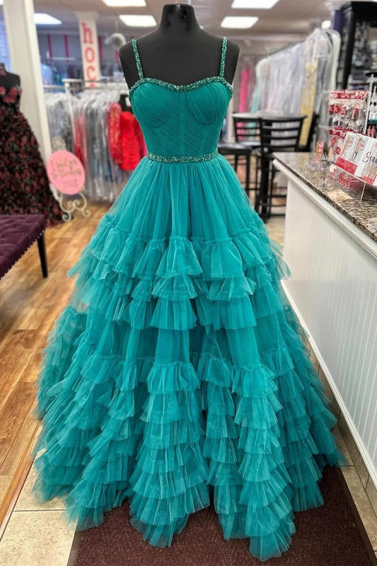 Sweetheart Tiered Ruffle Beaded Long Prom Dress, PD25190