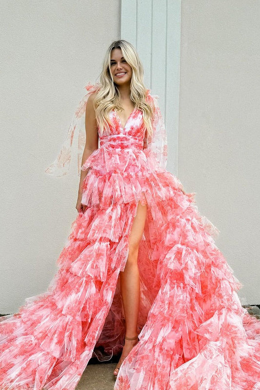 V Neck Ball Gown Floral Printed Tiered Coral Tulle Long Prom Dress with Slit, PD25124