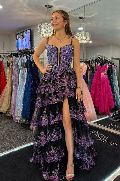 Black Sequins Lace Ruffle Tiered Long Prom Dress, PD25296