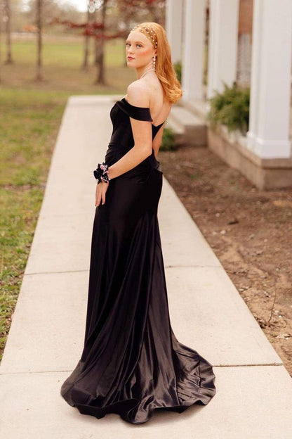 Off the Shoulder Mermaid Black Satin Long Prom Dress, PD25117