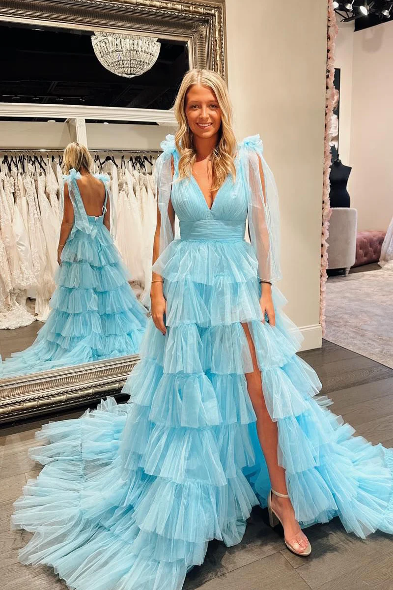 Cute A-Line V-Neck Long Blue Tiered Tulle Prom Dress, PD2404151