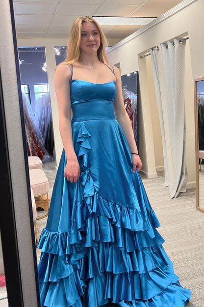 Peacock Blue Ruffle A-Line Scoop Neck Long Prom Dress, PD25282